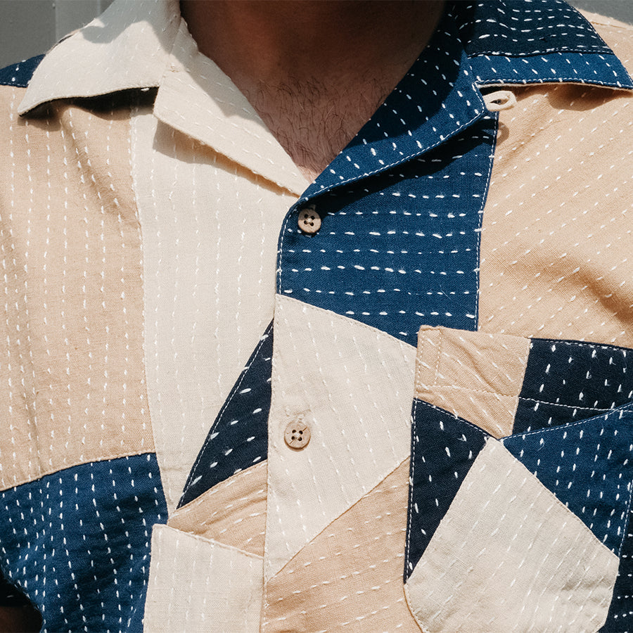 20 Year Patchwork Kantha Vacation Shirt - Indigo/Tan