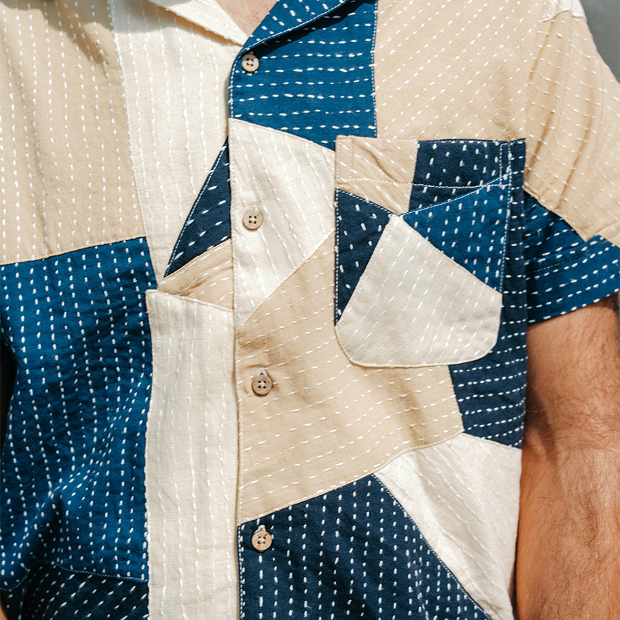 20 Year Patchwork Kantha Vacation Shirt - Indigo/Tan