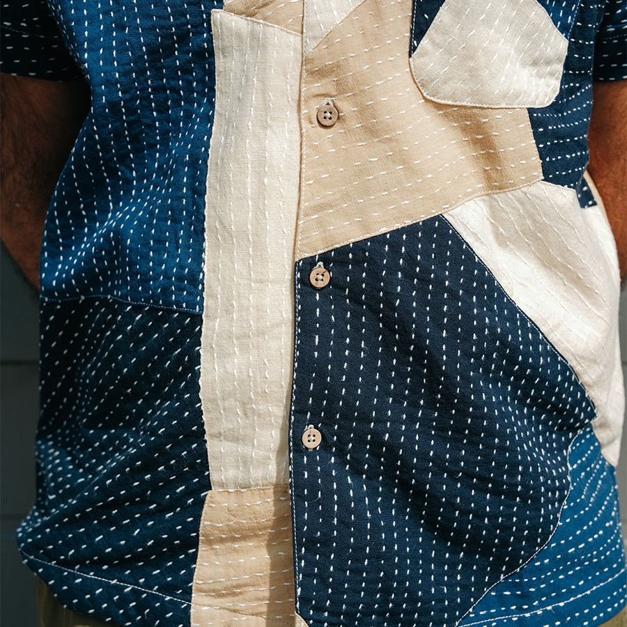 20 Year Patchwork Kantha Vacation Shirt - Indigo/Tan