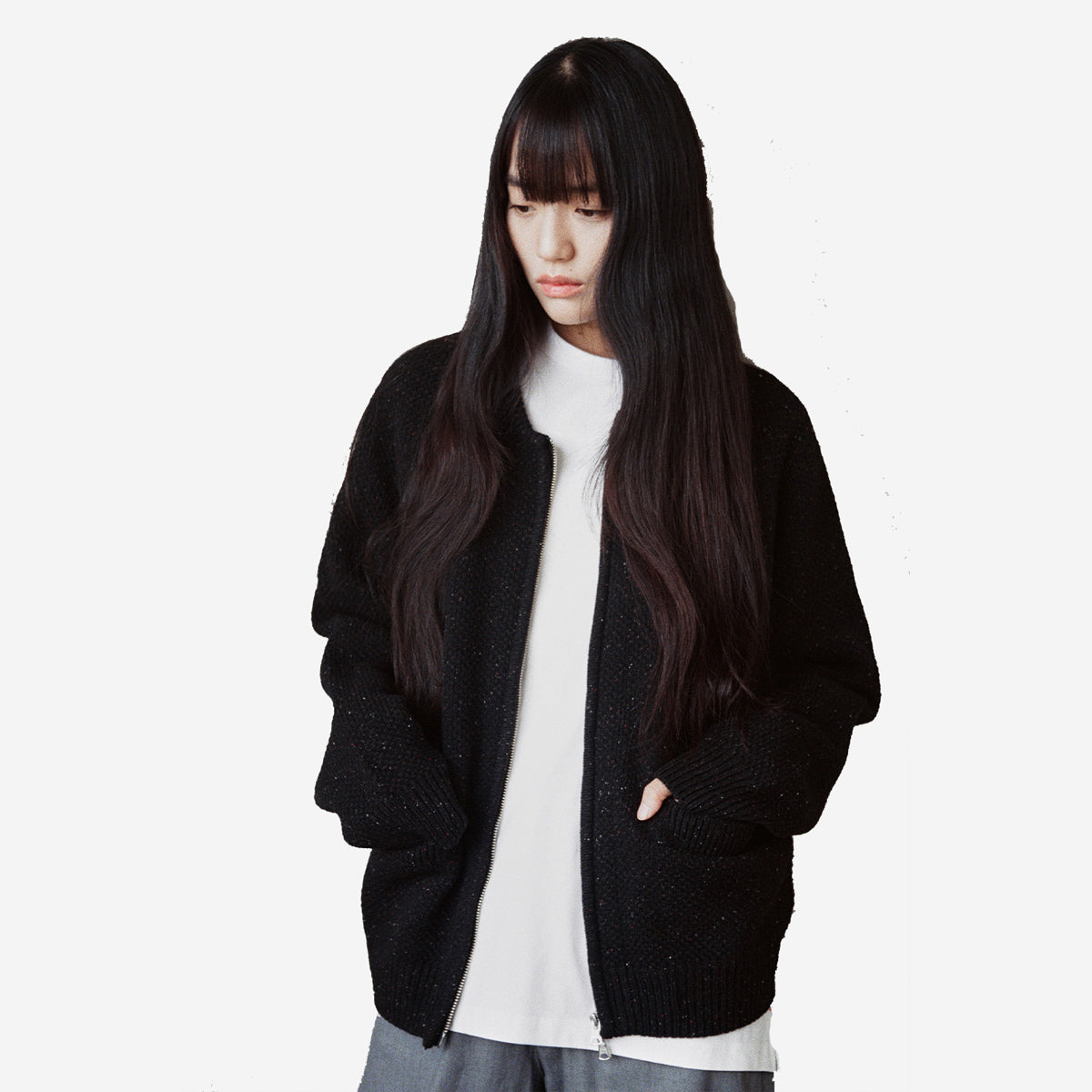Annette Silk Wool Nep Zip Knit Cardigan - Black