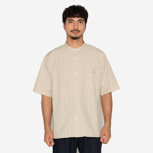 Band Collar S/S C/L Pocket Shirt - Beige x White Stripe