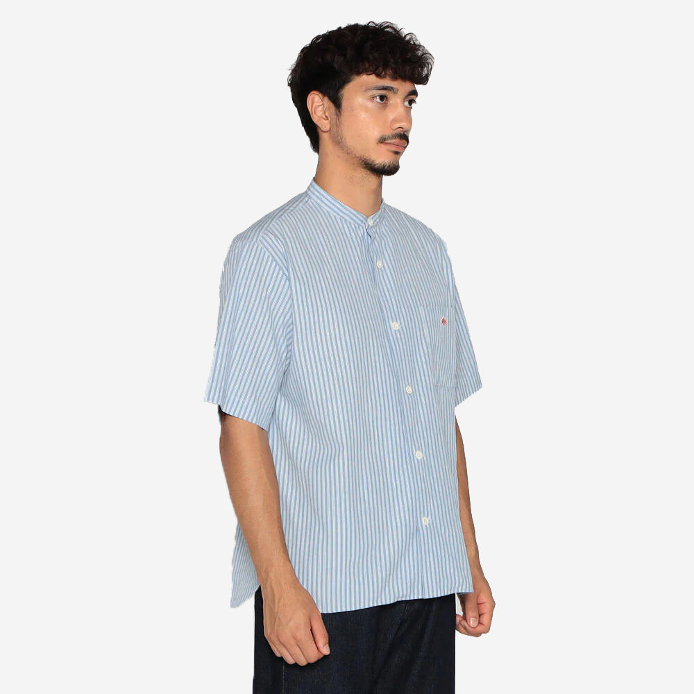 Band Collar S/S C/L Pocket Shirt - Beige x White Stripe