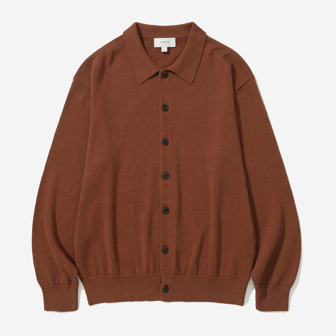 Cotton Cashmere Knit Polo Cardigan - Brick