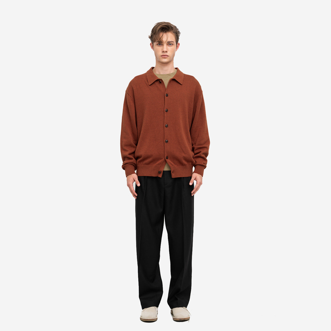 Cotton Cashmere Knit Polo Cardigan - Brick
