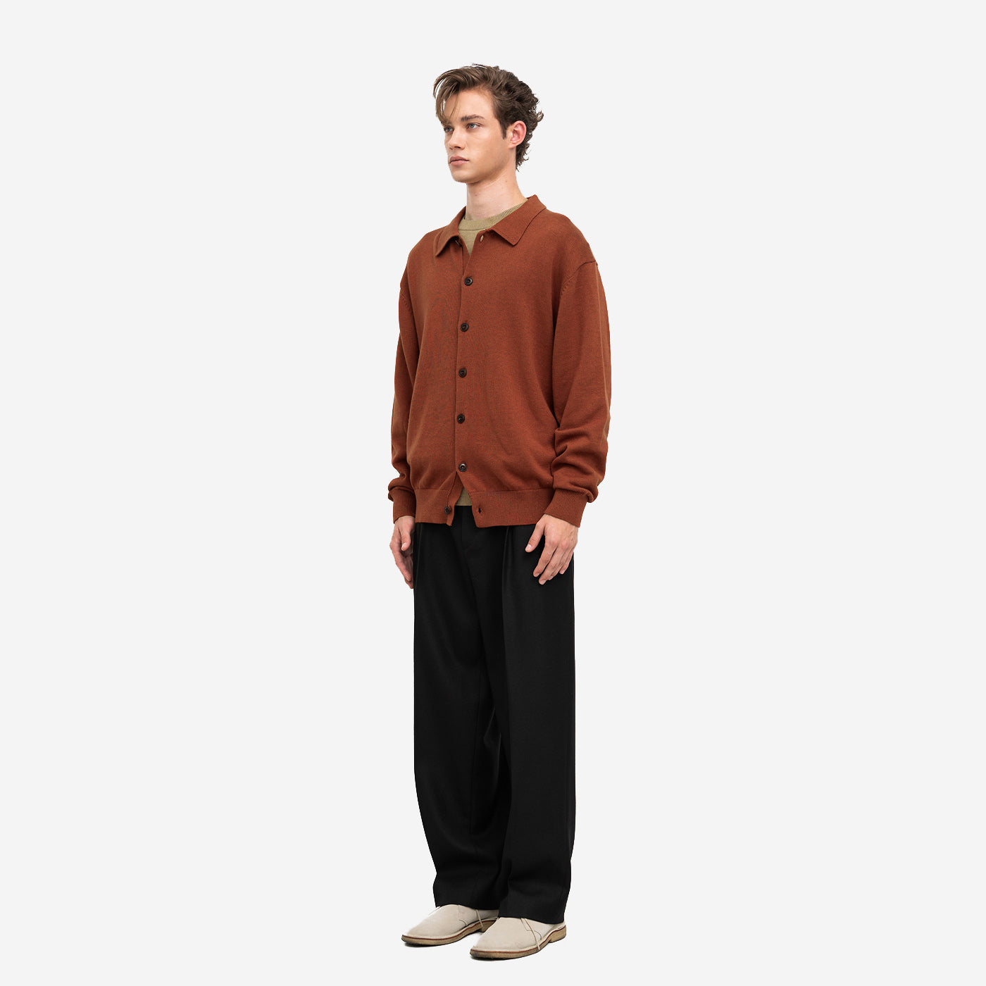 Cotton Cashmere Knit Polo Cardigan - Brick