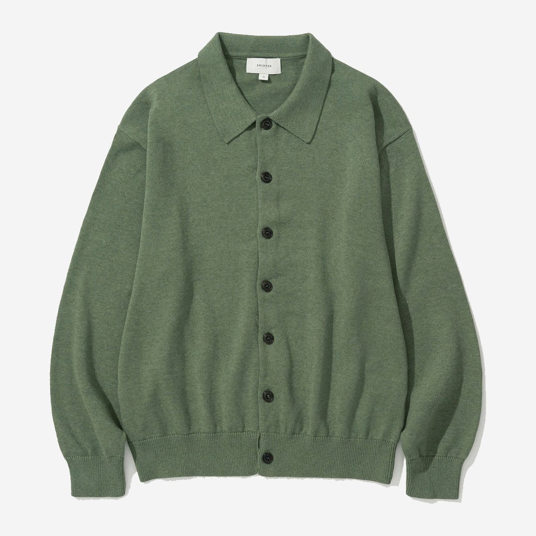 Cotton Cashmere Knit Polo Cardigan - Olive