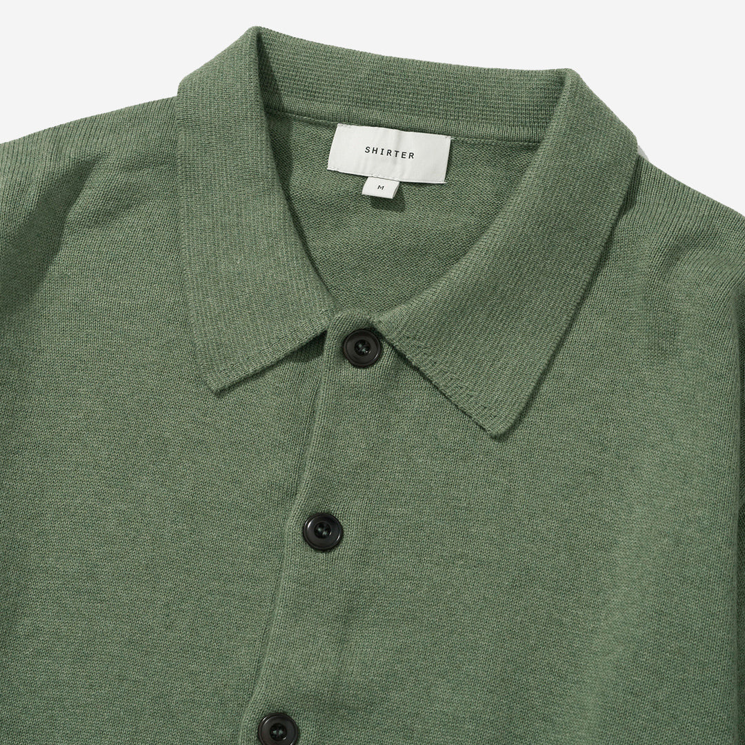 Cotton Cashmere Knit Polo Cardigan - Olive
