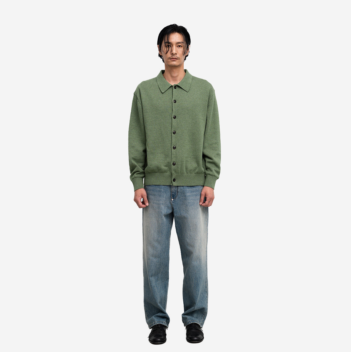Cotton Cashmere Knit Polo Cardigan - Olive