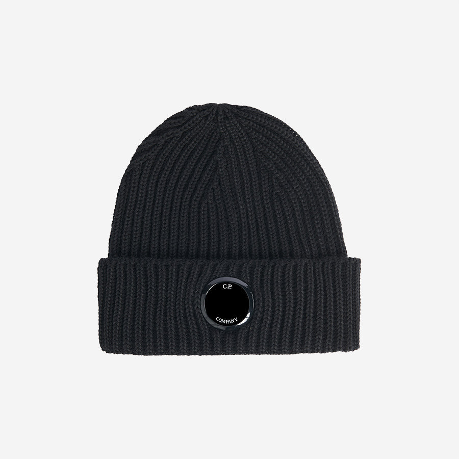 C.P. Company Extra Fine Merino Wool Lens Beanie Black Muddy