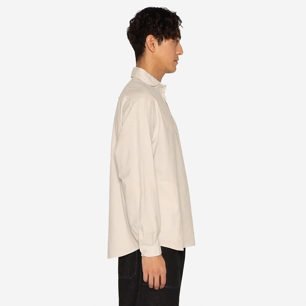 Pullover Round Collar Pocket Flannel Shirt - Olive Chambray