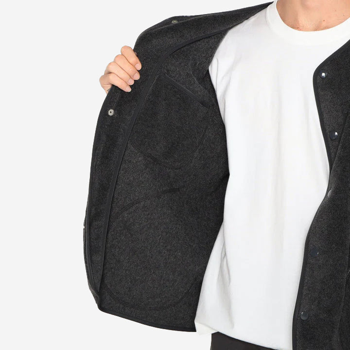 Fleece Collarless Jacket - Dark Green