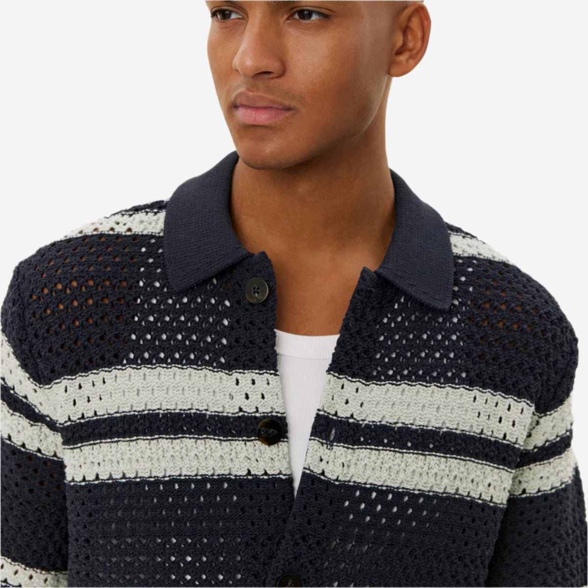 Gianni Knitted Stripe S/S Shirt - Dark Navy