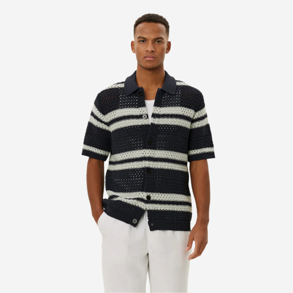 Gianni Knitted Stripe S/S Shirt - Dark Navy