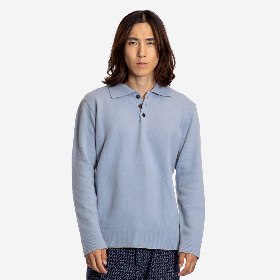 Kier Fine Wool Knit L/S Polo - Silver Blue
