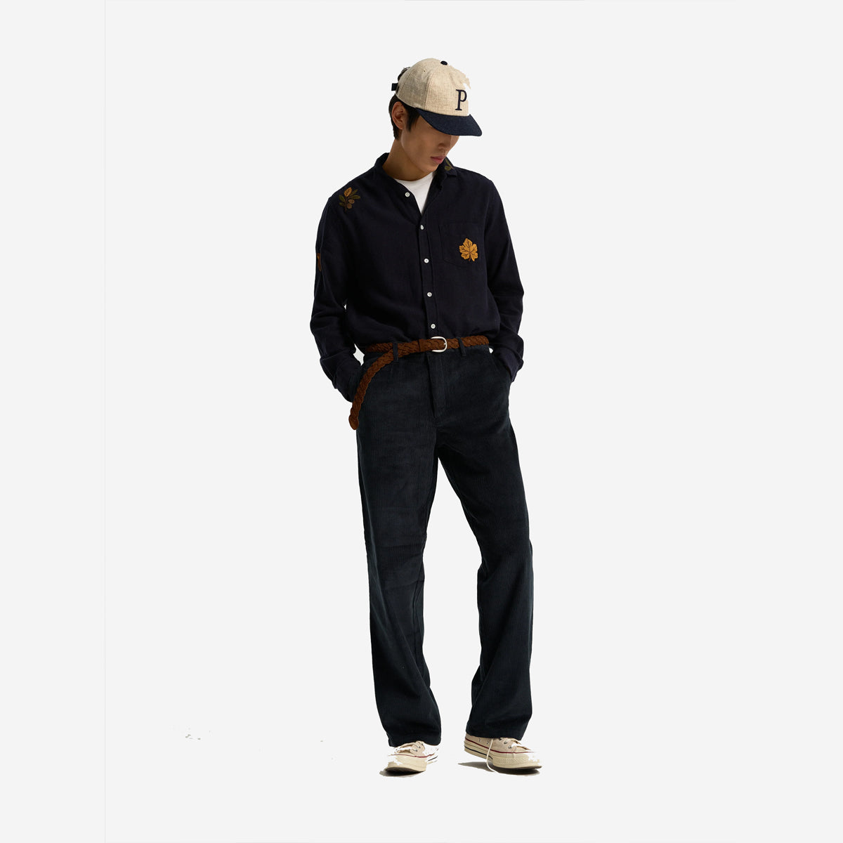 Embroidery Foliage Flannel Shirt - Navy