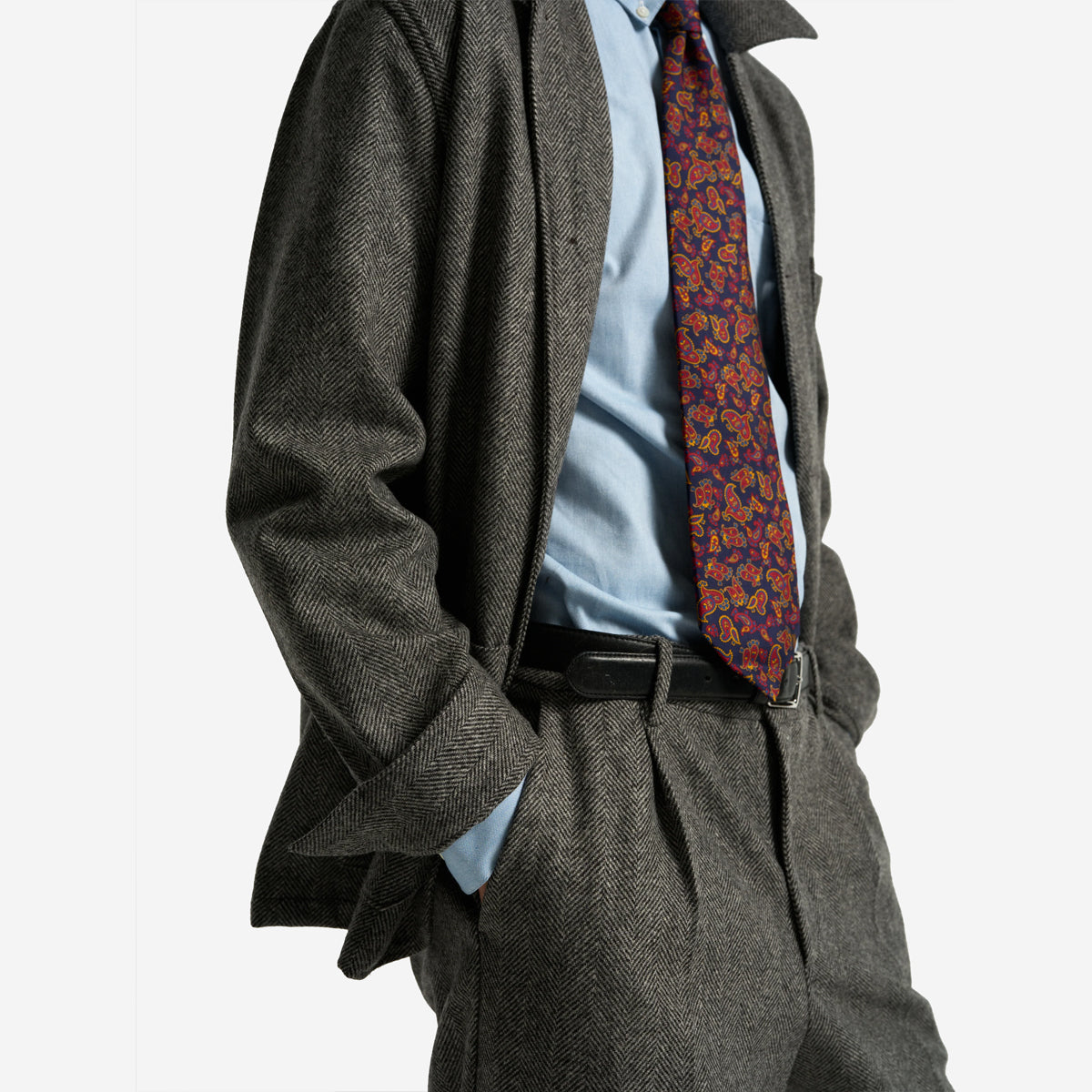Herringbone Single Pleat Wool Trousers - Charcoal