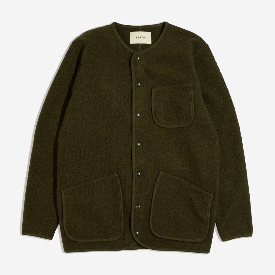 Neist Wool Fleece Collarless Cardigan - Defender Green