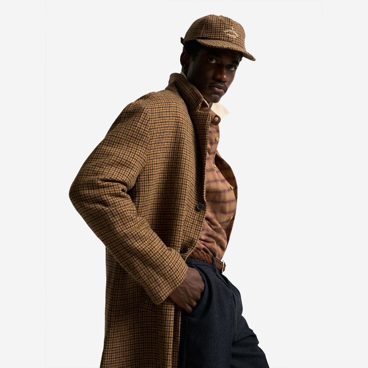 Wool Houndstooth Overcoat - Caramel Pied Poule