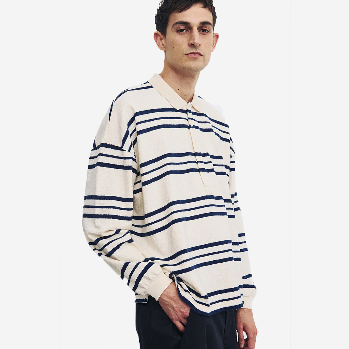 Oversized L/S Terry Polo - Navy Stripe