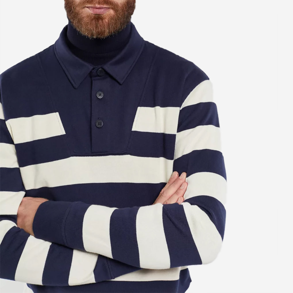 Rustic Knit Striped Polo Shirt - Deep Marine/Natural