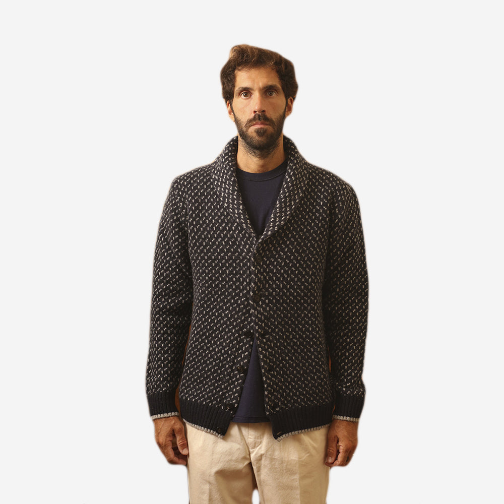 Shawl Collar Wool Jacquard Cardigan - Navy Blue