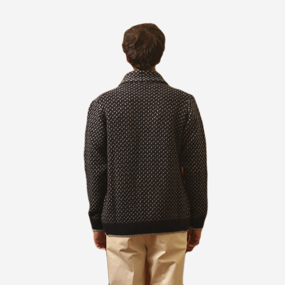 Shawl Collar Wool Jacquard Cardigan - Navy Blue