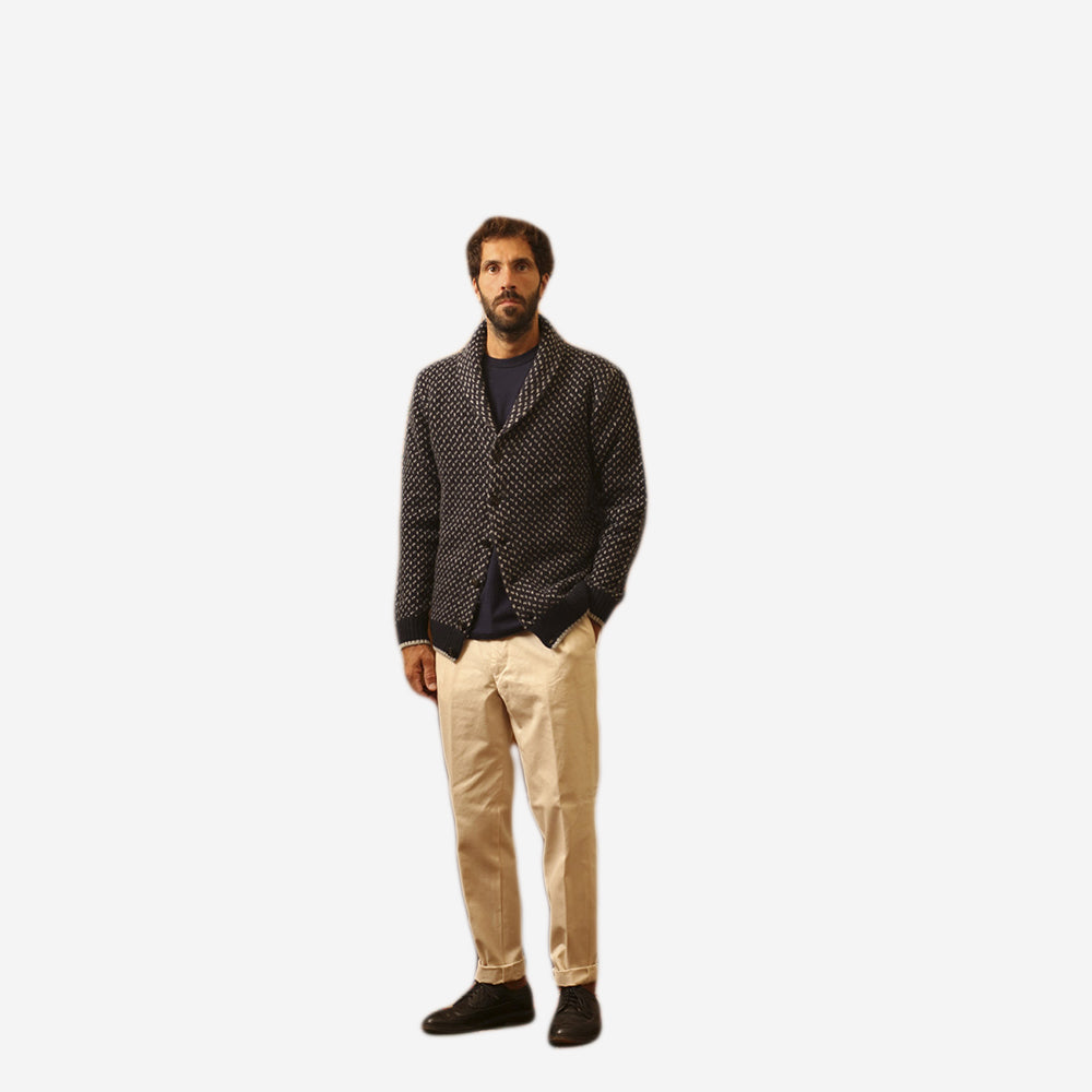 Shawl Collar Wool Jacquard Cardigan - Navy Blue