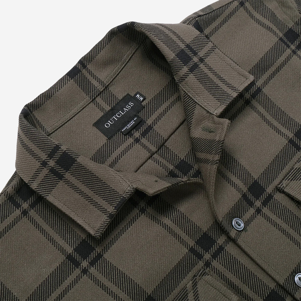 Twill Plaid Flannel Overshirt - Olive