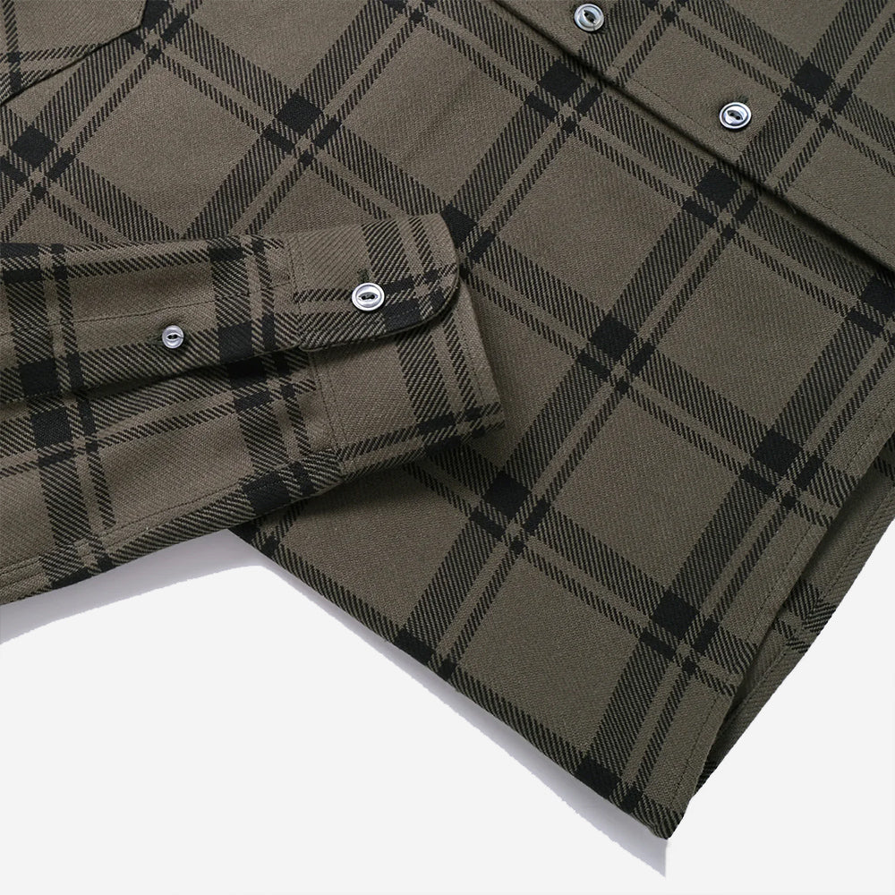 Twill Plaid Flannel Overshirt - Olive