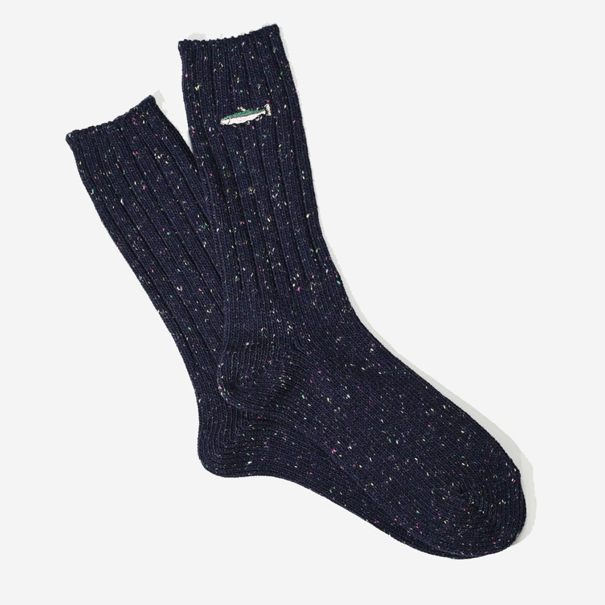 Trout Embroidery Crew Socks - Navy
