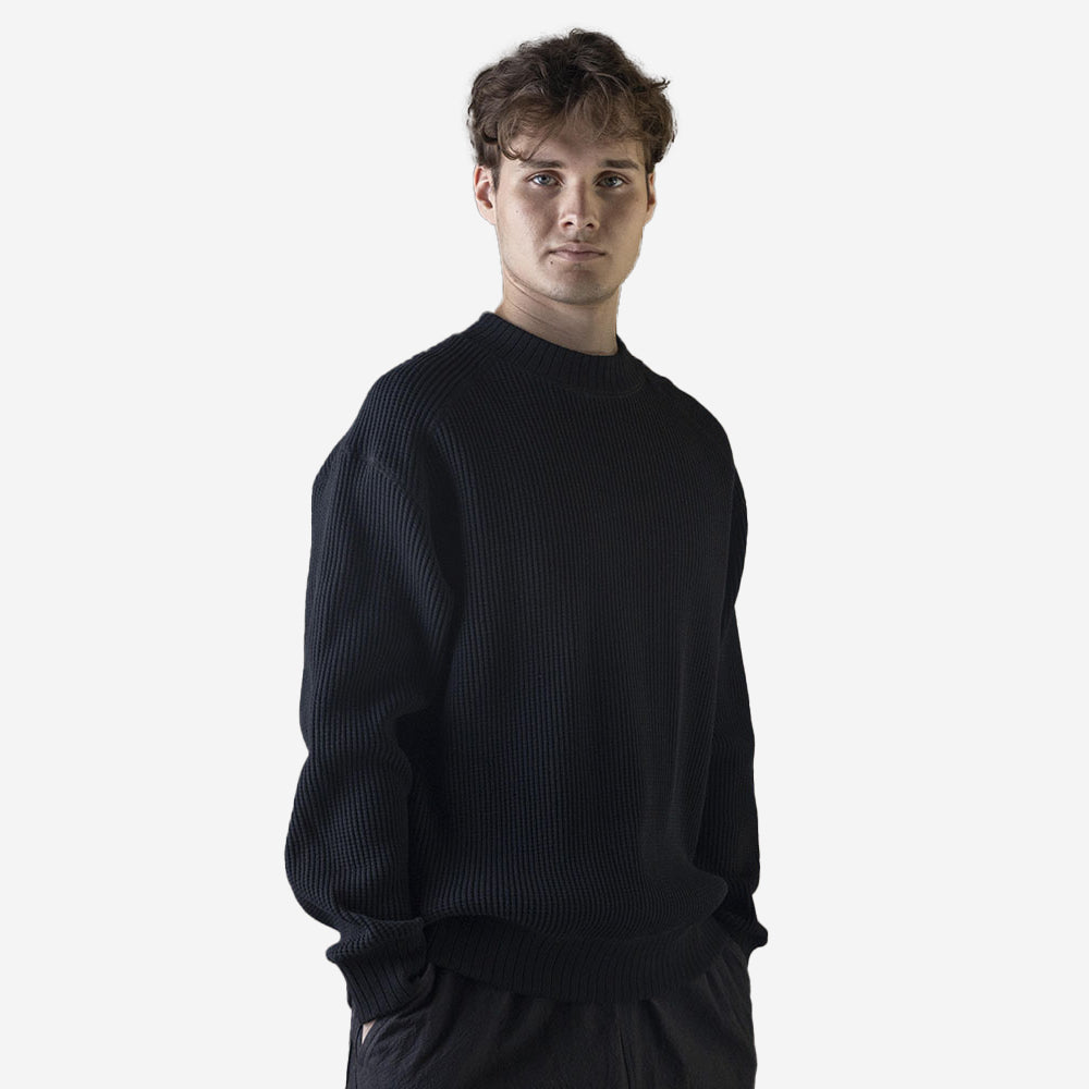 Big Waffle Mid-Neck Sweater - Black