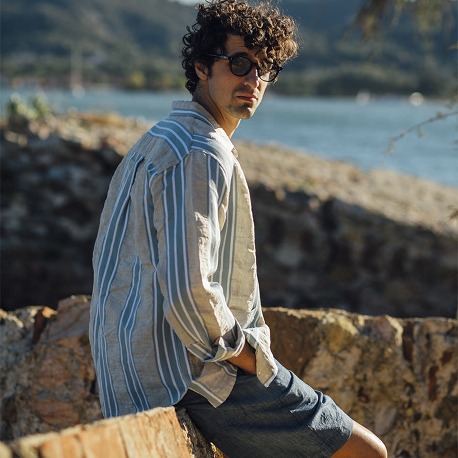 Hadley Linen Overshirt - Beige/Blue Stripe