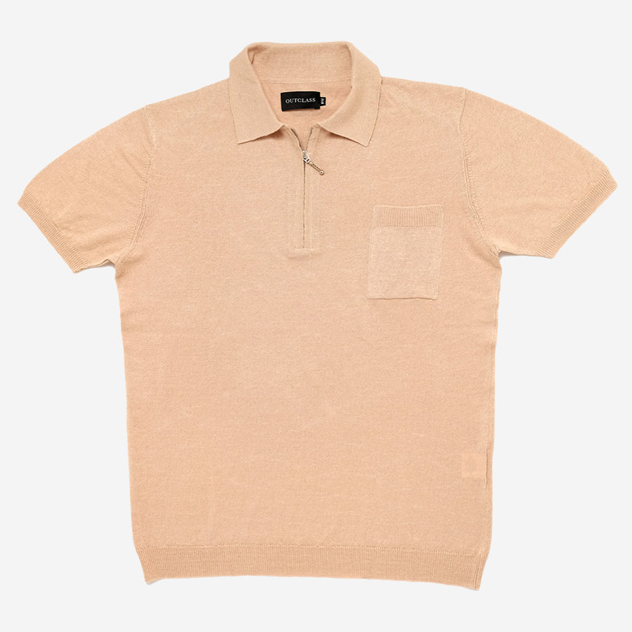 Linen Cotton Knit Zip Polo - Sand