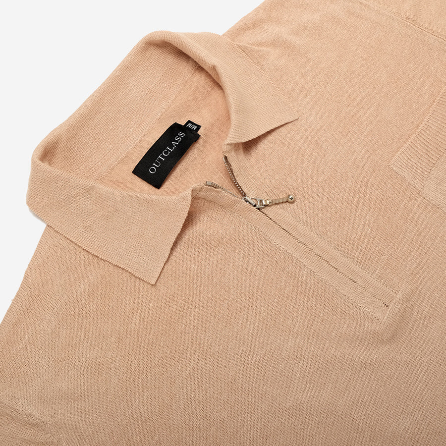 Linen Cotton Knit Zip Polo - Sand