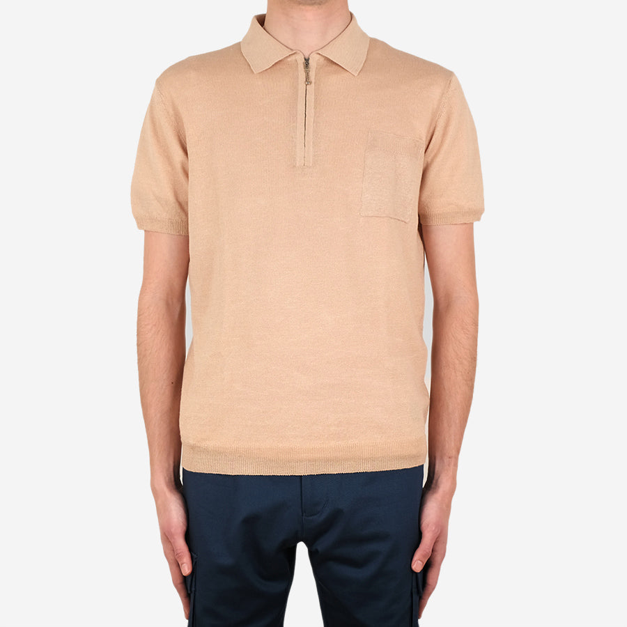 Linen Cotton Knit Zip Polo - Sand