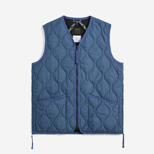Military Zip V-Neck Down Hard Shell Vest - Indigo Denim