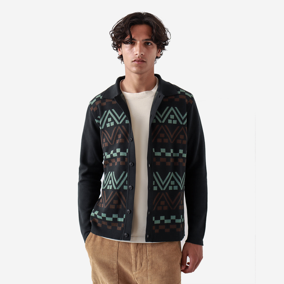 Zigger Peysa Stripe L/S Polo Cardigan - Black/Green/Slate Brown