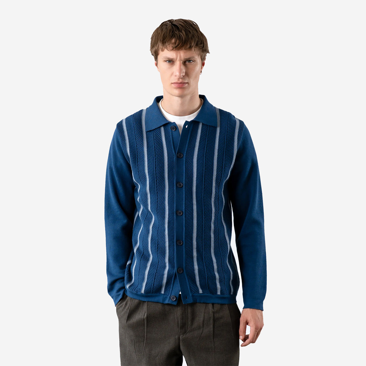 Zigger Herringbone Stripe Cardigan - Navy Blue