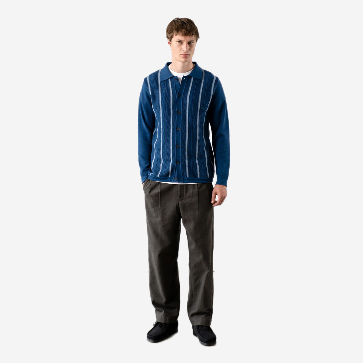 Zigger Herringbone Stripe Cardigan - Navy Blue