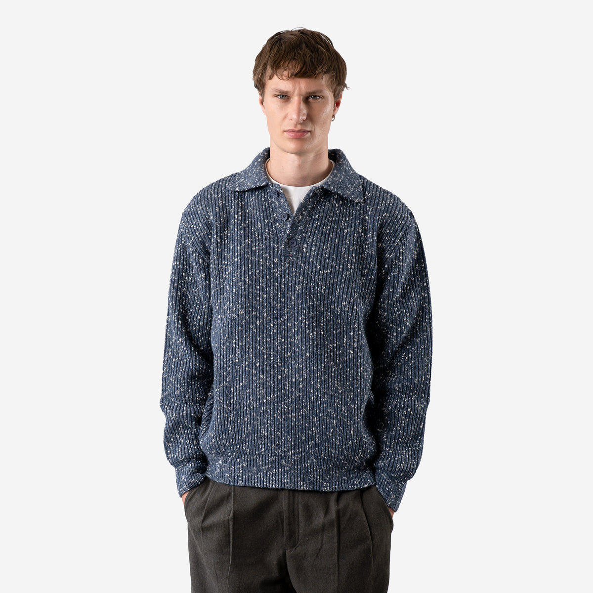 Kier Ribbed Knit Polo - Blue Fleck