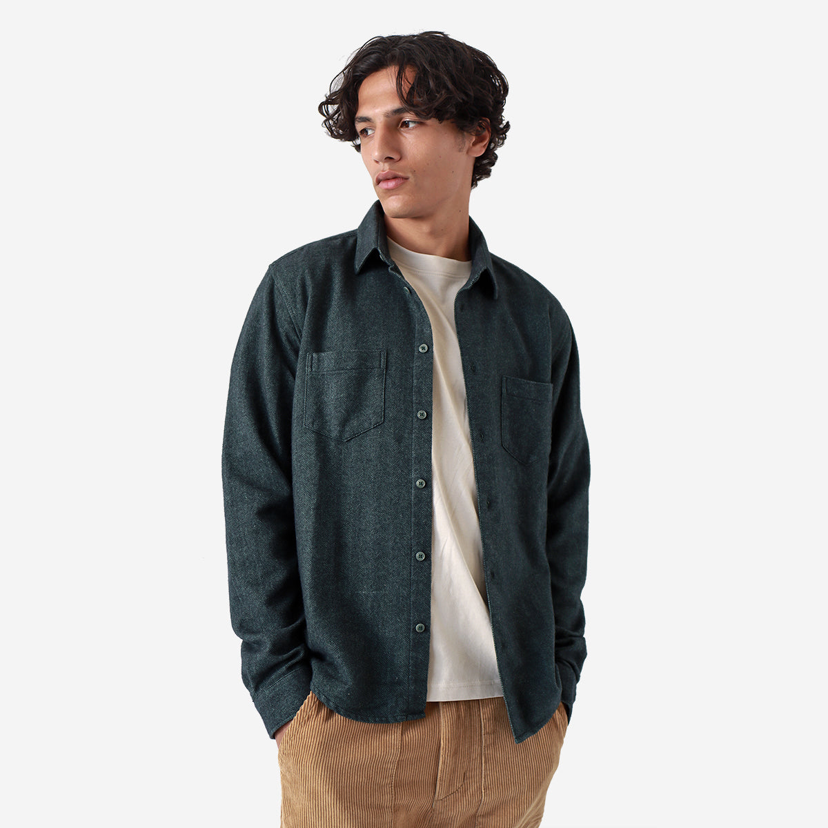 Classic Two Pocket Herringbone Shirt - Forest Green