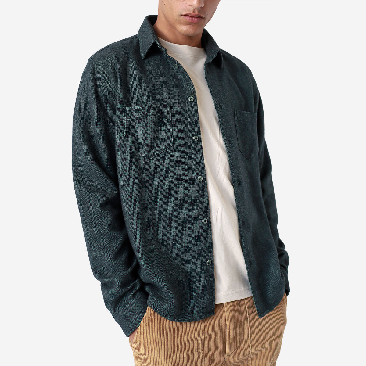 Classic Two Pocket Herringbone Shirt - Forest Green