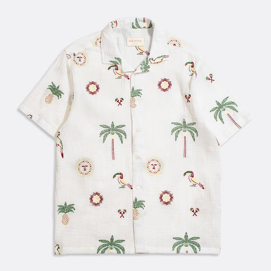 Stachio Tropical Embroidery S/S Vacation Shirt - White