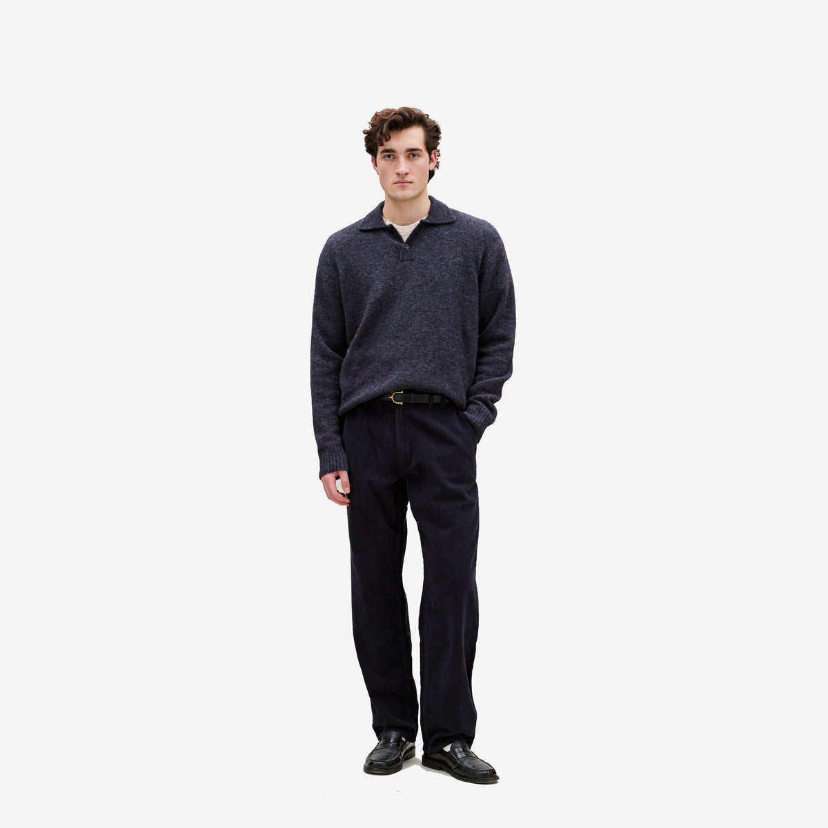 Alpine Brushed Wool Knit Polo - Dark Grey Melange