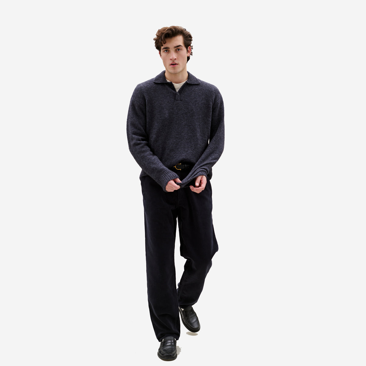 Alpine Brushed Wool Knit Polo - Dark Grey Melange