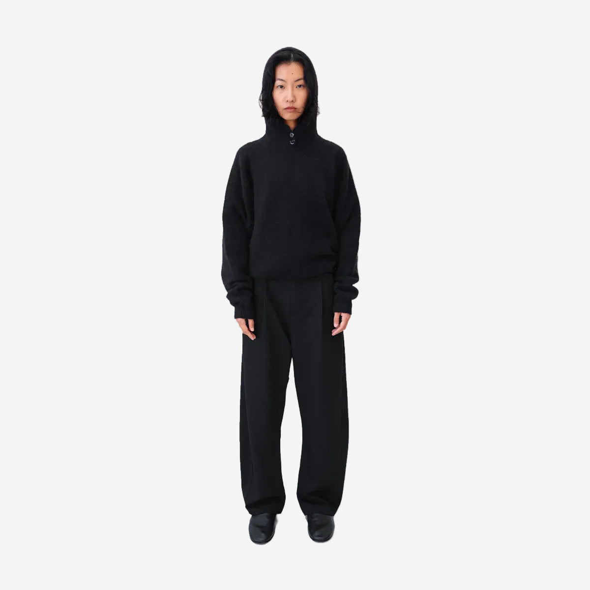 Alpaca Wool Button Knit Hood - Black