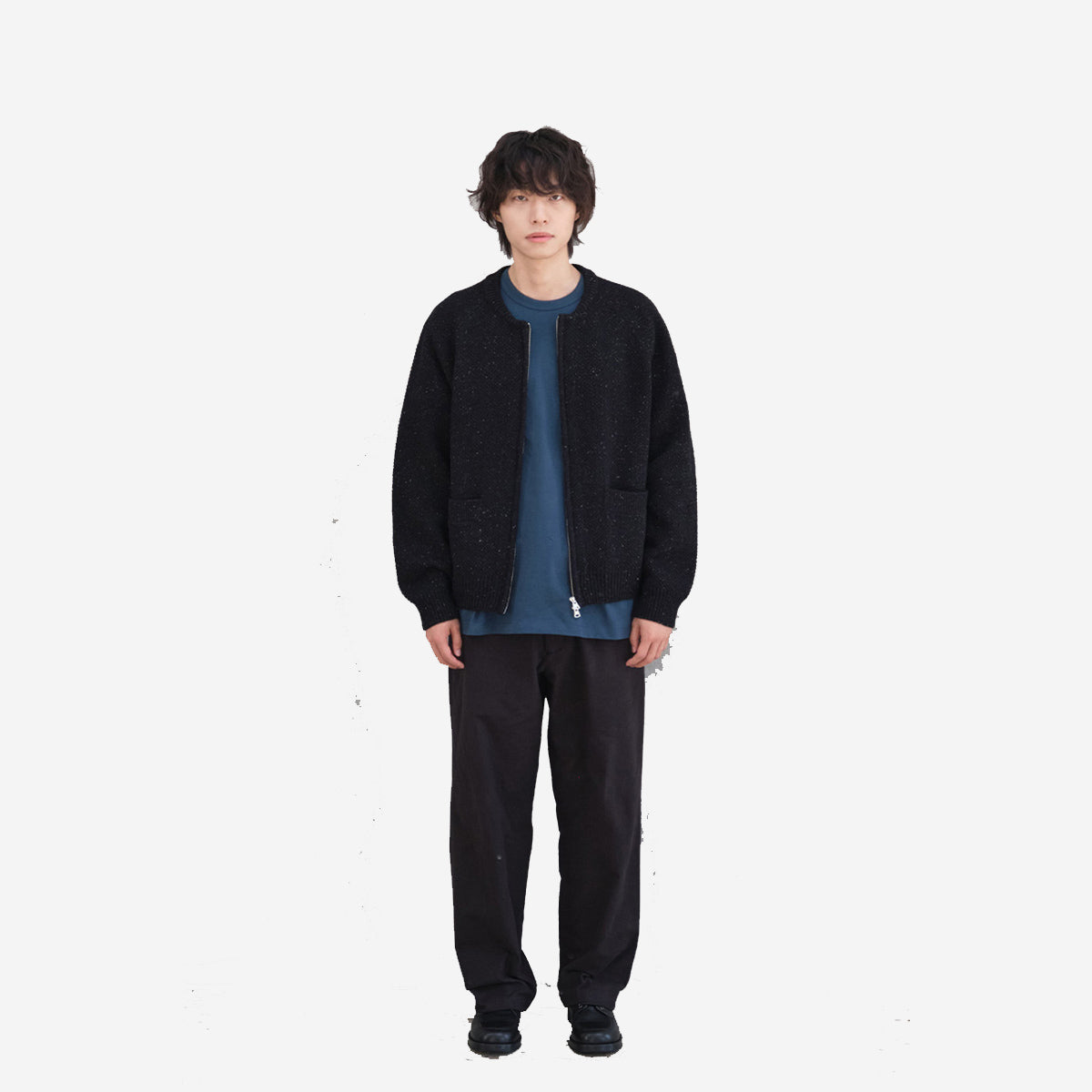 Annette Silk Wool Nep Zip Knit Cardigan - Black