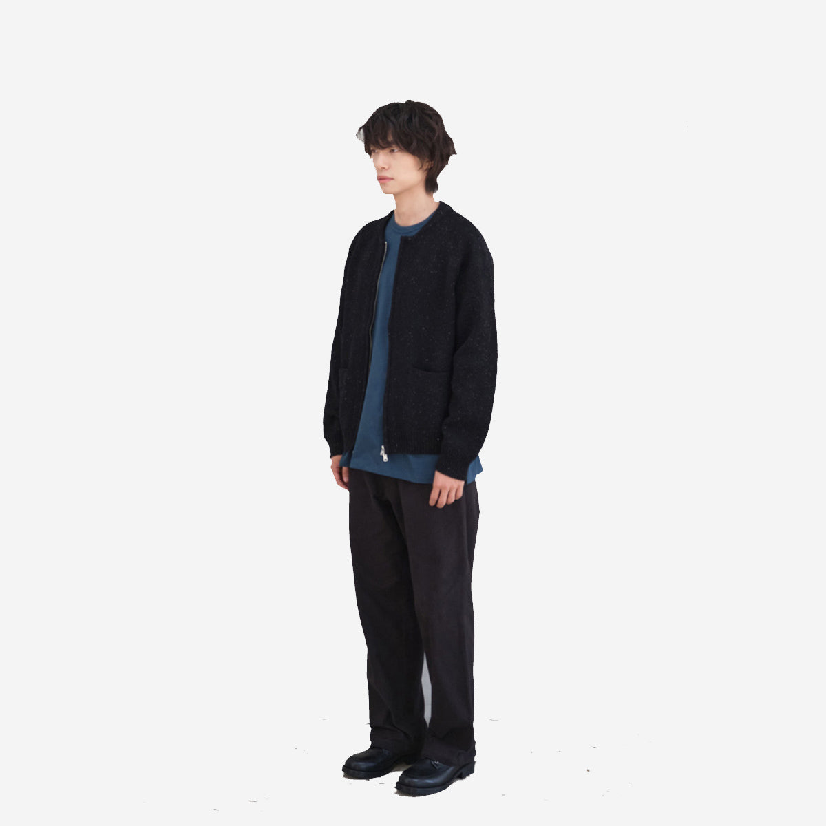 Annette Silk Wool Nep Zip Knit Cardigan - Black
