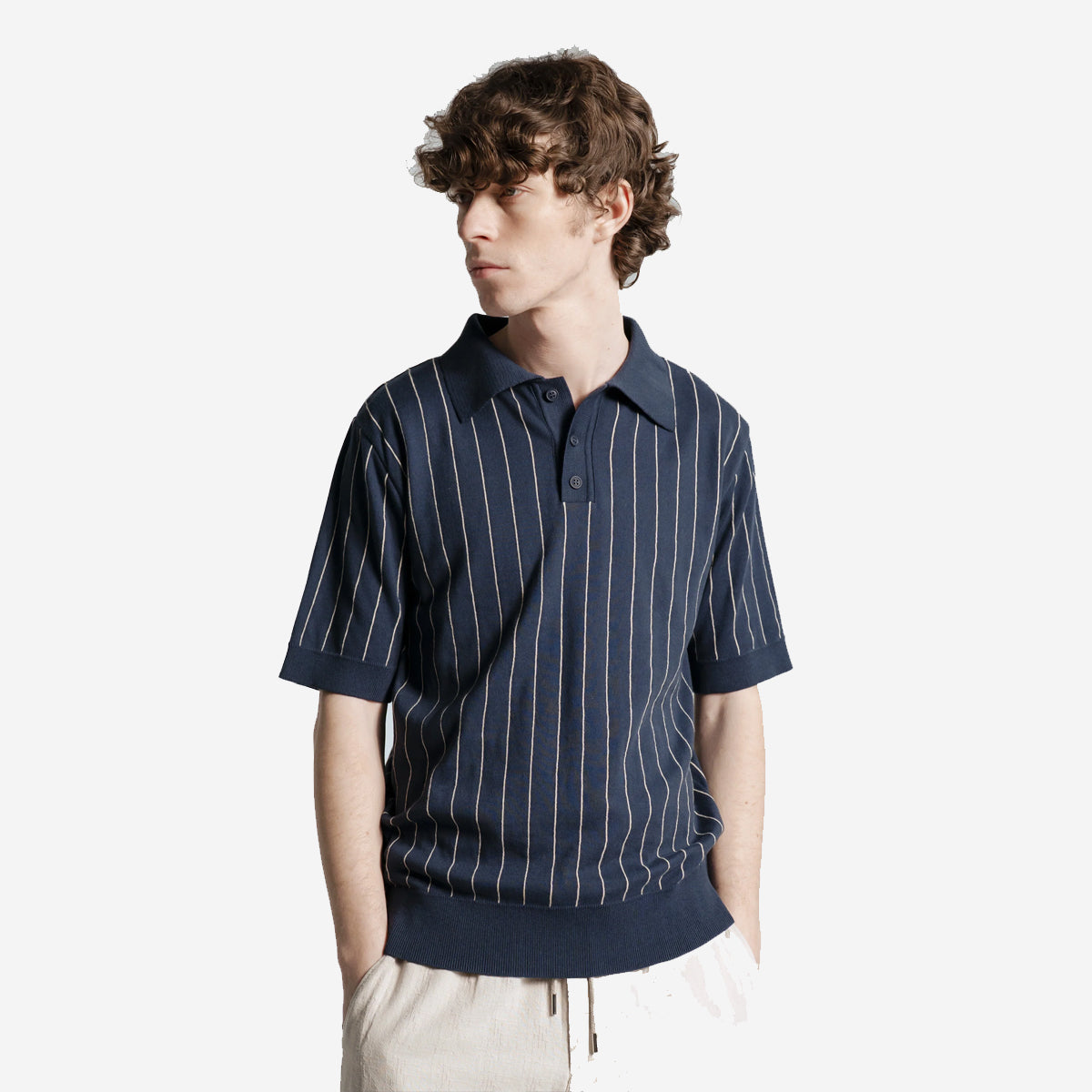 Benny Pinstripe Knit S/S Polo - Navy/Sand
