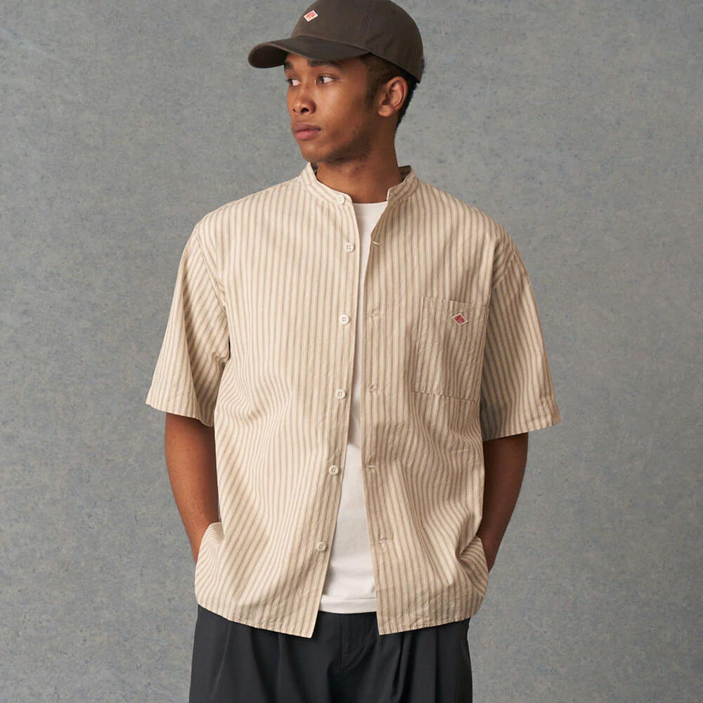 Band Collar S/S C/L Pocket Shirt - Beige x White Stripe
